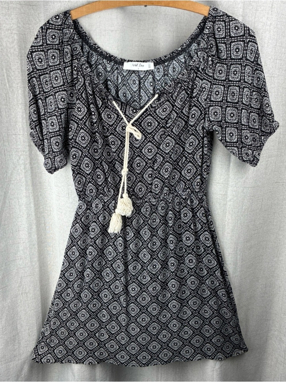 Wild Love Peasant Dress Soft Mini Wrinkle Free Black White Boho Mandala Tassel S